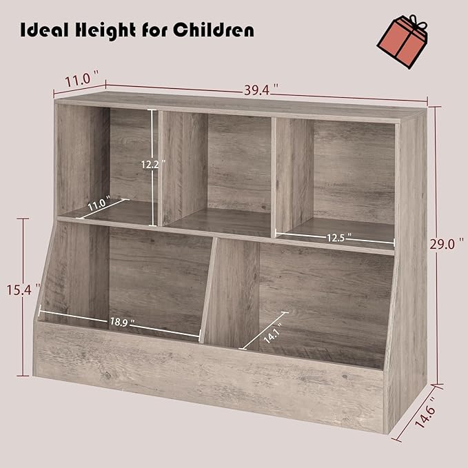 DINZI LVJ Toy Storage Organizer, Kids Bookshelf, Wood Toy Storage Cabinet, 5 Cubby Children Bookcase, 39.4" L Toddler Book Shelf for Playroom, Living Room, Nursery, Hallway, School, Greige