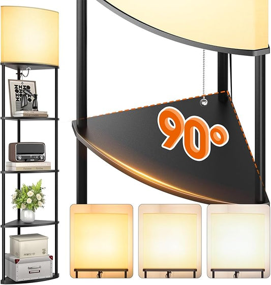 addlon Floor Lamp with Shelves, 5-Tier Adjustable Corner Lamp with 3 Color Temperatures & Linen Shade, Modern Floor Lamps for Living Room, Home Office & Bedroom (E26 LED Bulb Included, 800lm) - Black