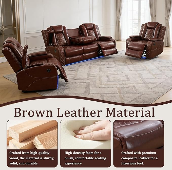 Power Recliner Sofa Set for Living Room Furniture Set, Leather Reclining Sofa and Chair with Drop-Down Table, Hidden Storage for Home Theater Seating (Sofa and Chair, Red)