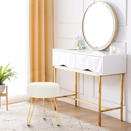 Velvet Soft Modern Vanity Footstool -Round Footrest Stool Ottoman Side Table Seat Dressing with Golden Metal Leg and Sponge Filling,Upholstered Foot Rest,Living Room and Bedroom （Beige）