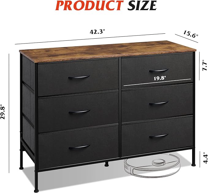 WLIVE Black Dresser for Bedroom with 6 Drawers, TV Stand for 50 Inches TV, Wide Dresser with Metal Frame, Wooden Top, Fabric Dresser for Closet, Hallway, Entryway, Black and Rustic Brown