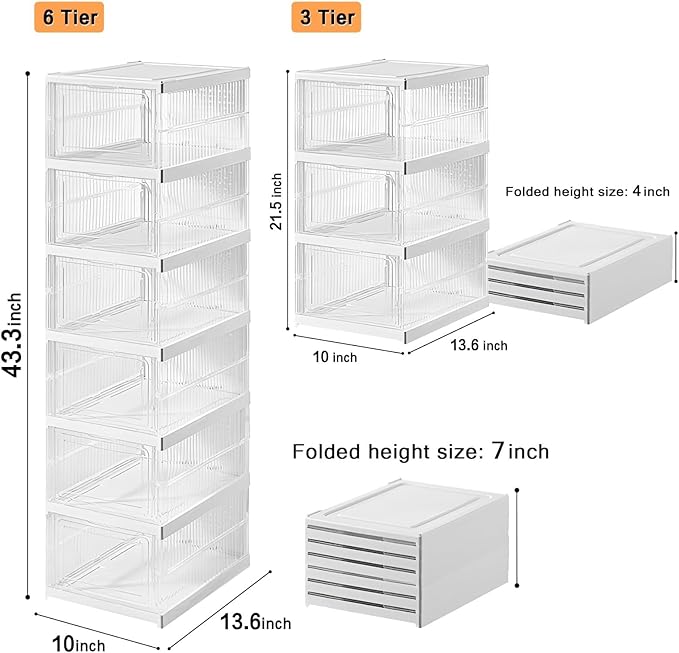Drop Front Shoe Storage Box, No Assembly Stackable Shoe Organizer Storage Bin with Door, Free Standing Shoe Shelf Cabinet with Lid, Plastic Shoe Rack for Closet Entryway