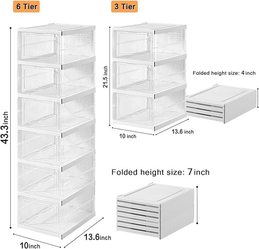 Drop Front Shoe Storage Box, No Assembly Stackable Shoe Organizer Storage Bin with Door, Free Standing Shoe Shelf Cabinet with Lid, Plastic Shoe Rack for Closet Entryway