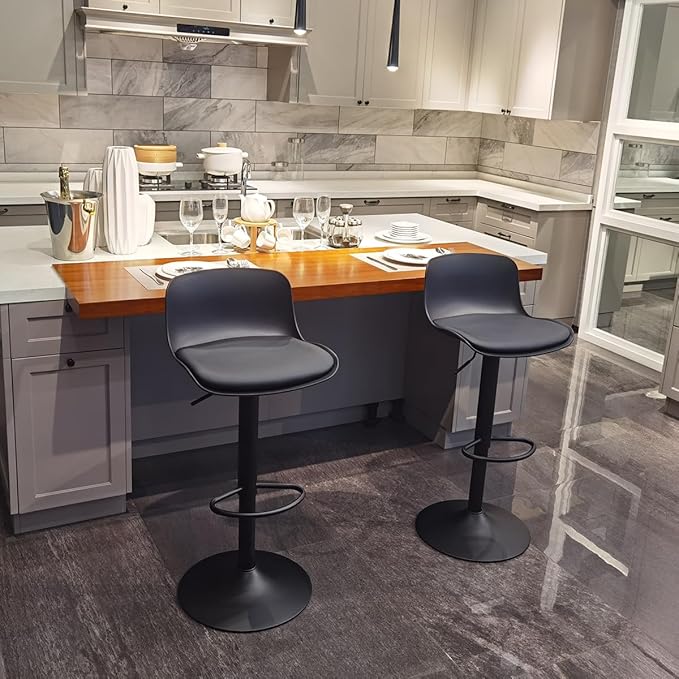 Kidol & Shellder Bar Stools Set of 2 Black Adjustable Swivel Barstools Modern PU Leather Upholstered Counter Height Stools,Armless with Back Bar Chairs for Kitchen Island