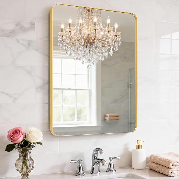 Gold Metal Frame Wall Mount Bathroom Mirror, 22 x 32 Inch Rectangular Round Mirror, Matte Black Vanity Mirror, Farmhouse Style, Hang Horizontally or Vertically