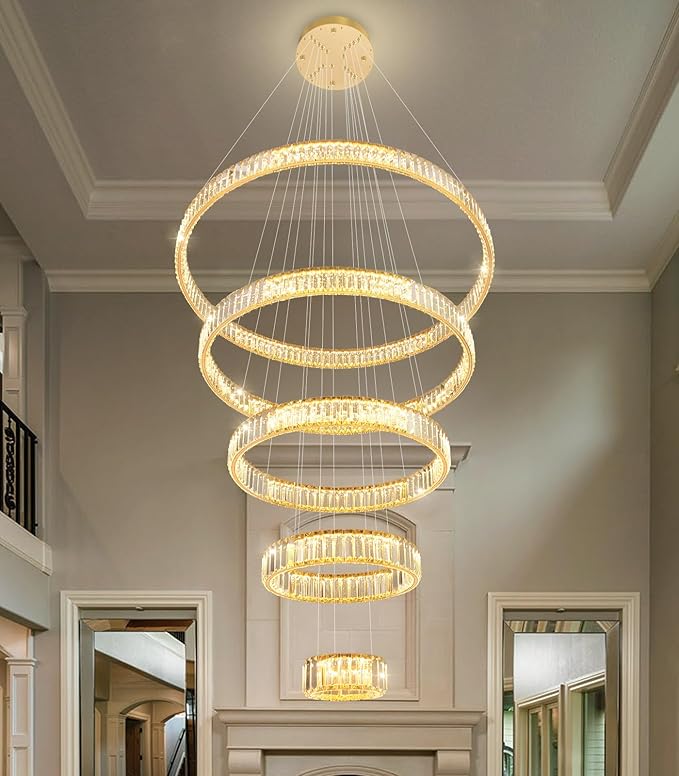 Large Ring Crystal Chandelier Modern Dimmable Chandelier High Ceiling Chandelier Round LED Ceiling Light Fixture for Foyer Long Stair Big Chandelier Gold 8''+16''+24''+32''+40''