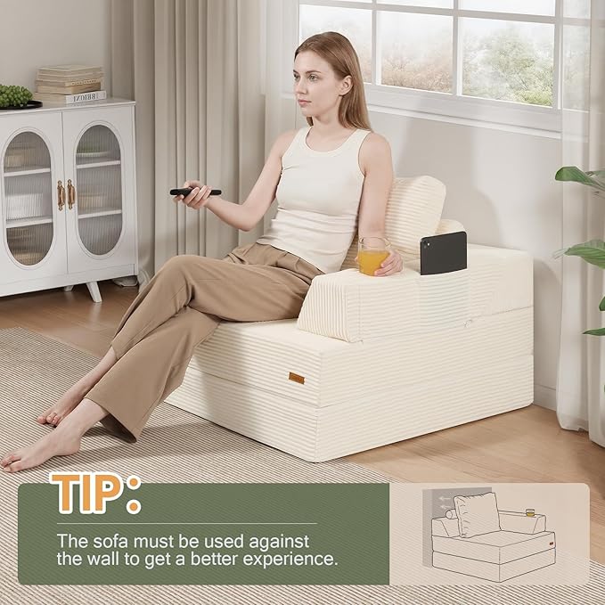 COMAX Folding Sofa Bed, Foldable Couch for Bedroom, Corduroy Convertible Floor Sleeper Futon Chair Foam, 3 in 1 Fold Out Chair Portable Comfy Lounge Couch Single Sofa Bed for Small Space Guest Room
