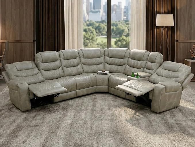 Power Recliner Sectional Sofa with LED Light, Breathing Leather Recliner Sofa Couch with Storage/Cup Holder for Living Room Home Office Theater (Grey-1)