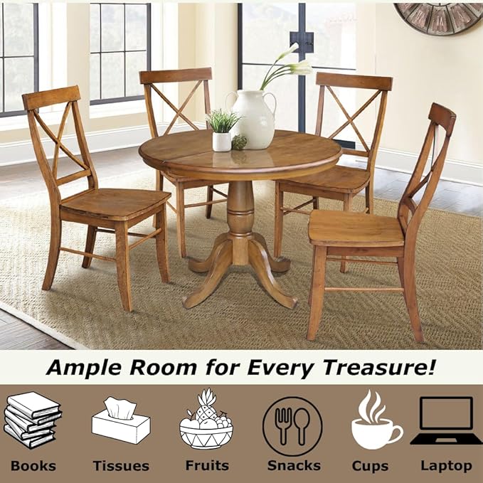 36" Round Top Pedestal Table With 12" Leaf - 28.9"H - Dining Height, Pecan