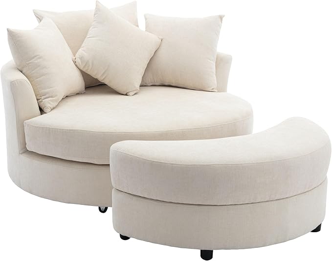 ERYE Oversized Round Accent Barrel Chair with Storage Ottoman and 360 Swivel Base, Modern Chenille Upholstered Leisure Recliner Armchair for Living Room Bedroom