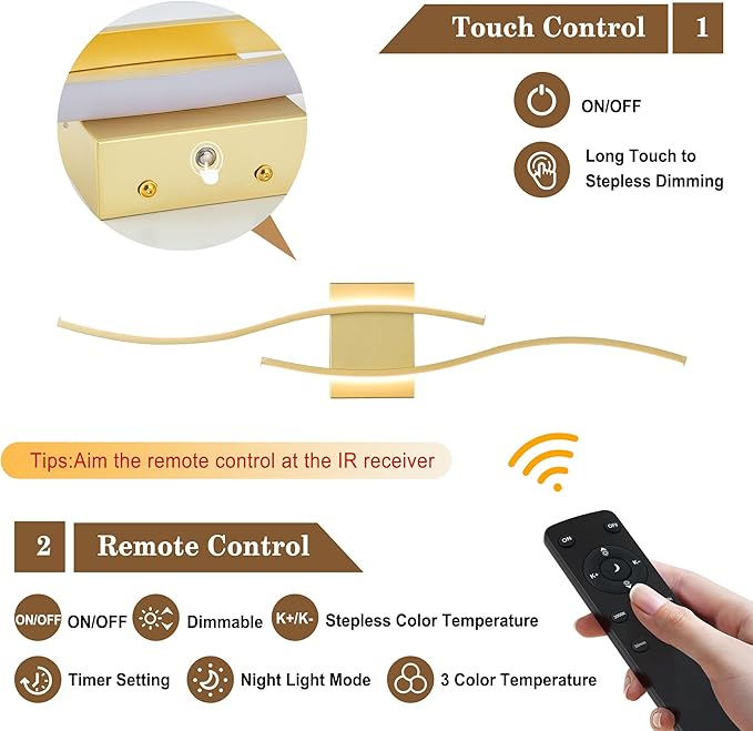 Battery Operated Wall Sconces Set of Two with Remote Control, Dimmable/3 Colors/Night-Light/Timer/Memory, Gold Modern Wireless LED Sconce for Living Room, Hallway, Bedroom, 31.4 Inch (2 Pack)