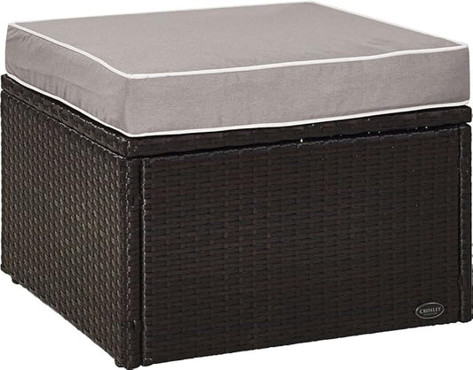 Crosley Furniture Palm Harbor Wicker Outdoor Ottoman Foot Rest for Patio, Deck, Porch, Brown with Gray Cushions