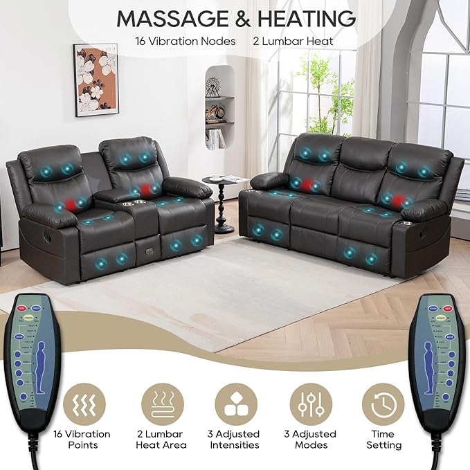 Recliner Sofa Set - Reclining Sofa Couch Set, 2 Pieces Recliner Furniture Sofa Set, 3-Seater Reclining Sofa & 2-Seater Reclining Loveseat with Massage & Heat for Living Room (Grey) | Side Pocket, Hidden Drawer, Cup Holder