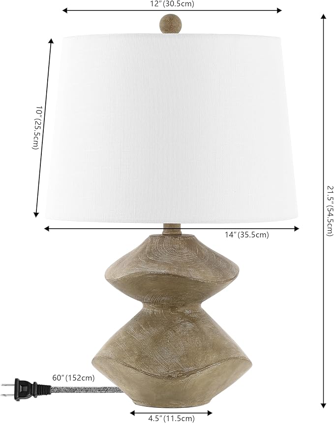 JONATHAN Y 24.5" Brown Wood Finish Coastal 3-Stack Cairn LED Table Lamp for Living Room, White Linen Shade, Rustic Mid-Century Modern Bedside Lamp for Bedroom Office (JYL4062A)