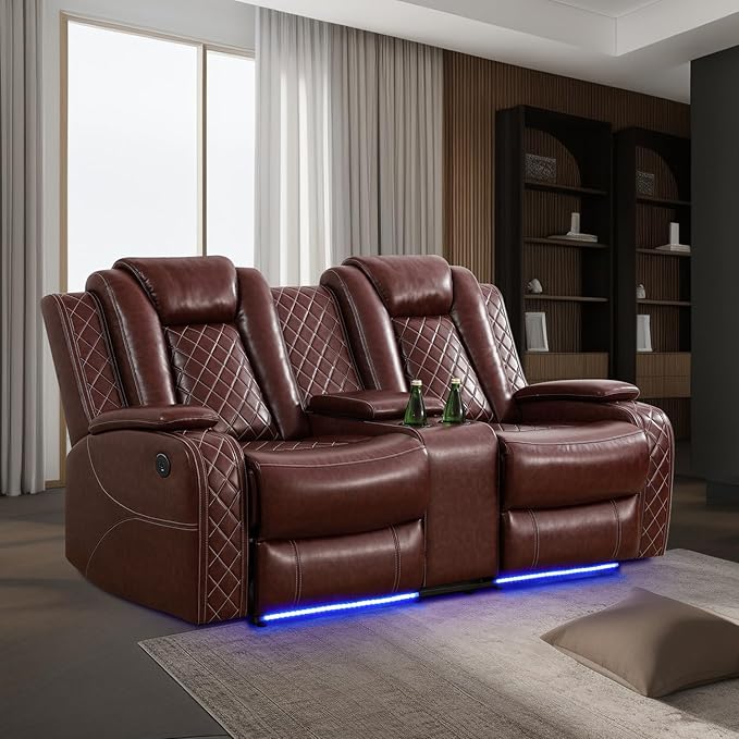 Power Leather Recliner Sofa with LED Light,74" Power Double Reclining Loveseat with Storage Console/Cup Holders/USB Port,2 Seater Leather Couch for Living Room Furniture(Red,Loveseat)