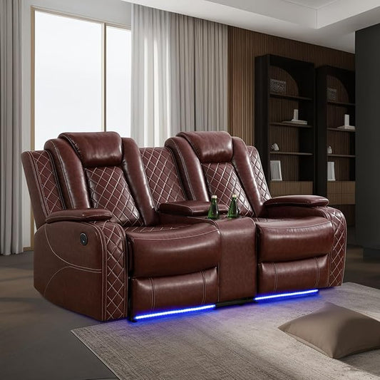Power Leather Recliner Sofa with LED Light,74" Power Double Reclining Loveseat with Storage Console/Cup Holders/USB Port,2 Seater Leather Couch for Living Room Furniture(Red,Loveseat)
