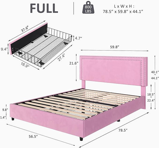 VECELO Queen Size Upholstered Platform Bed Frame with 4 Storage Drawers, Adjustable Velvet Rivet Decor Headboard, Wooden Slats Support, No Box Spring Needed, Easy Assembly
