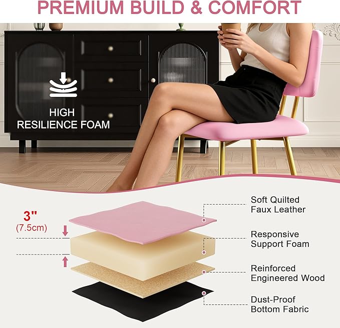 VECELO Dining Chairs Set of 4, Modern Upholstered Kitchen Chairs with Faux Leather Cushion Seat & Metal Legs for Kitchen, Living Room, Tufted Backrest Design, Pink