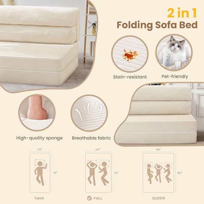JUIKURY Folding Sofa Bed, Convertible Sleeper Chair with Pilow Foldable Matress, 2 in 1 Pull Out Loveseat Sofa Portable Fold Out Chair Bed Floor Couch Lounge for Living Room Bedroom (Beige, Twin)