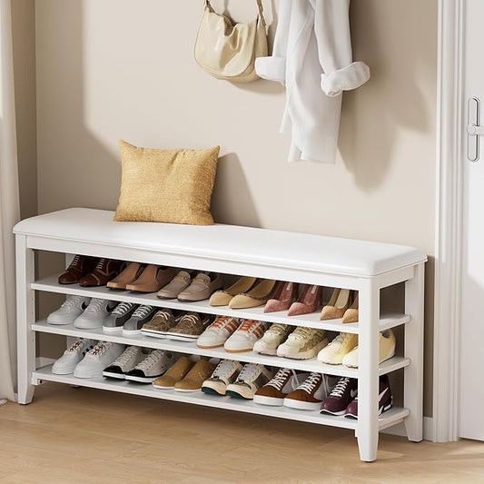 Shoe Bench Storage Rubberwood with Leather Cushion for Entryway Bench Ideal for Hallways Shoe Rack Front Doors Entrances Mudrooms Featuring 3 Height-Adjustable and Removable Shelves