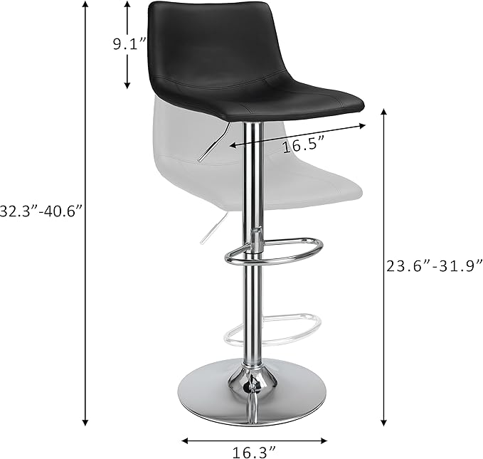 Finnhomy Bar Stools Modern PU Leather, Bar Stools Set of 2 Counter Height, Swivel Barstools with Footrest and L Shape Back, Height Adjustable Modern Bar Chairs for Kitchen, Black