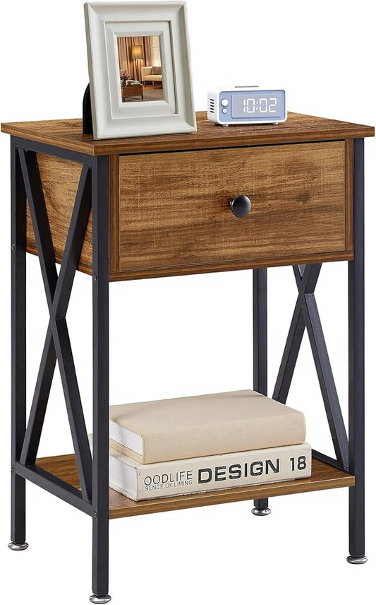 VECELO Night Stand with Drawer, 2 Tiers Storage Shelves End Table, Small Side Table for Small Spaces,Night Stand for Living Room, Bedroom,Brown