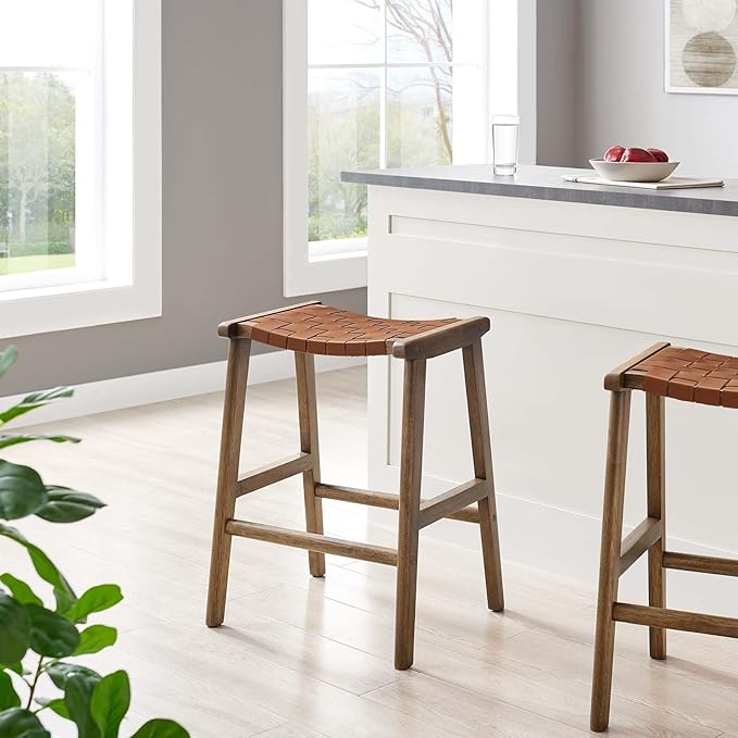 Modway Saoirse Faux Leather Wood Counter Stool - Set of 2 in Walnut Brown