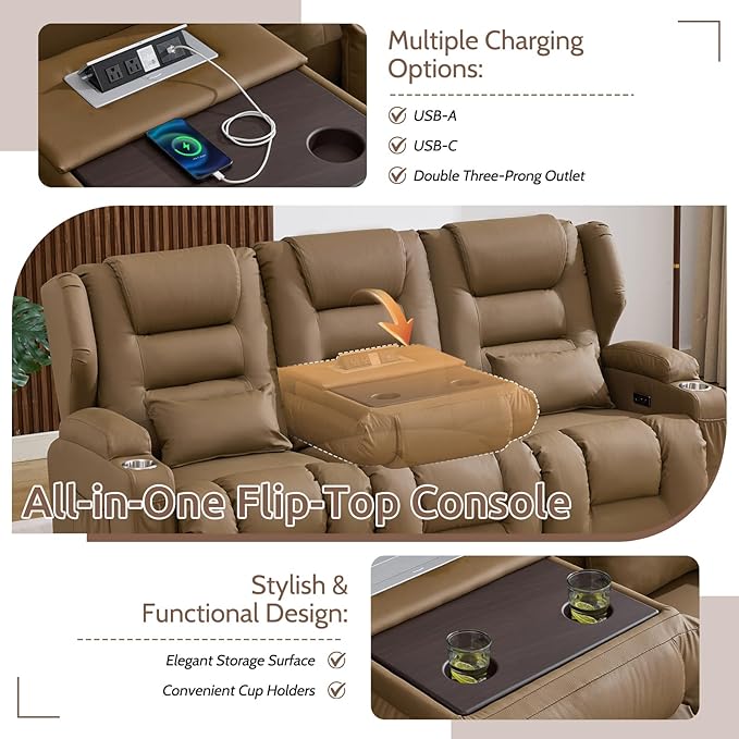 SAMERY Power Loveseat Recliner Sofa, Wall Hugger Reclining Loveseat Sofa, Movie Home Theater Seating with Flip-Backrest, Solid Wood Top, Ambient LED Lights, USB-C, Outlets, Faux Leather, Khaki | Extra Wide Seat, Plush Padding, Dual Power Recline, Flip-...