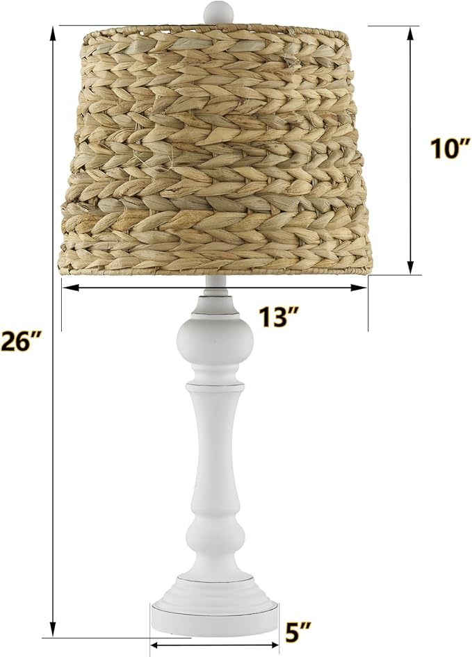 Maxax 26" Boho Rattan Table Lamps Set of 2 for Living Room, Coastal Bedside Lamps with Rattan Shade, Farmhouse Cottage Wicker Lamps, Rustic Resin Nightstand Lamps for Bedroom, White