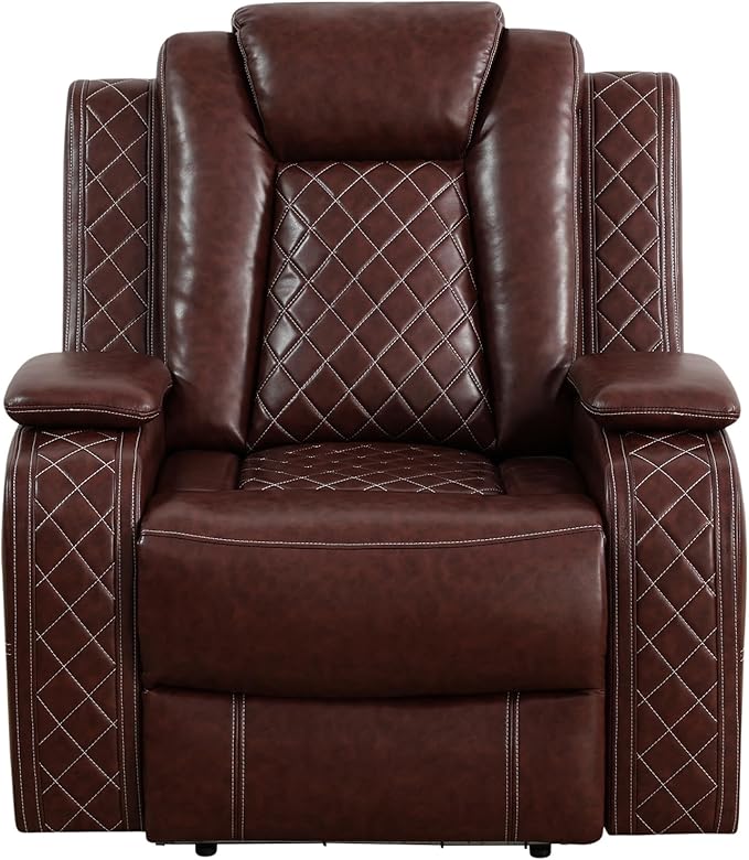 Breathing Leather Power Reclining Chair, Leather Reclining Sofa Couch Chair for Living Room, Single Recliner with USB Ports/LED Lighting for Bedroom/Office/Home Theater (Auburn, Recliner Chair)