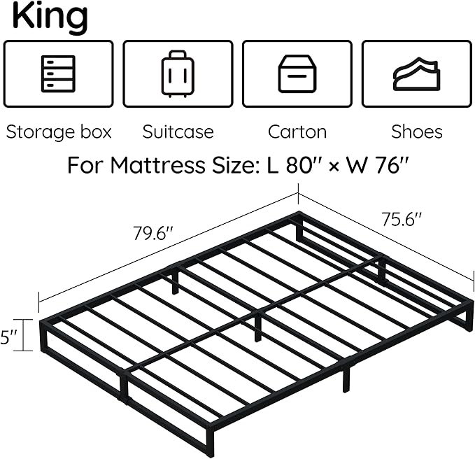 5 Inch King Size Bed Frame Metal Platform Mattress Foundation with Steel Slat Support, No Box Spring Needed, Easy Assembly, Black