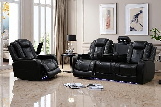 A Ainehome Power Leather Recliner Sofa Set with LED Lights, Recliner Sofa Sectional Couches for Living Room, Reclining Sofa, loveseat, Chair with USB Port/Storage Console/Cup Holder(Black,Sofa+Chair)