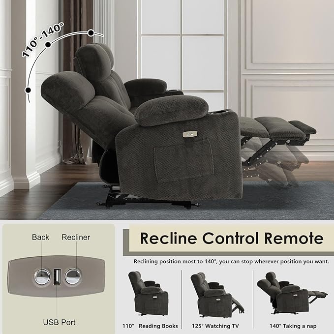 Power Reclining Sofa with Heat and Massage, Electric Reclining Couch with Extended Footrest, Wall Hugger Recliner Sofa 3 Seater with USB&Type-c Ports for Living Room, Bedroom(Grey)