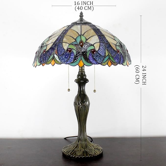 WERFACTORY Tiffany Table Lamp Yellow Liaison Stained Glass Bedside Lamp 16X16X24 Inches Desk Reading Light Metal Base Decor Bedroom Living Room Home Office S160E Series