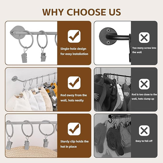 Hat Rack Wall Cap Organizer - Baseball Hat Racks Display Holder with 40 Hooks - Modern Metal Black Hats Storage Wall Mounted Caps Hanger Set of 4 for Closet Door Bedroom Entryway Laundry(Grey)