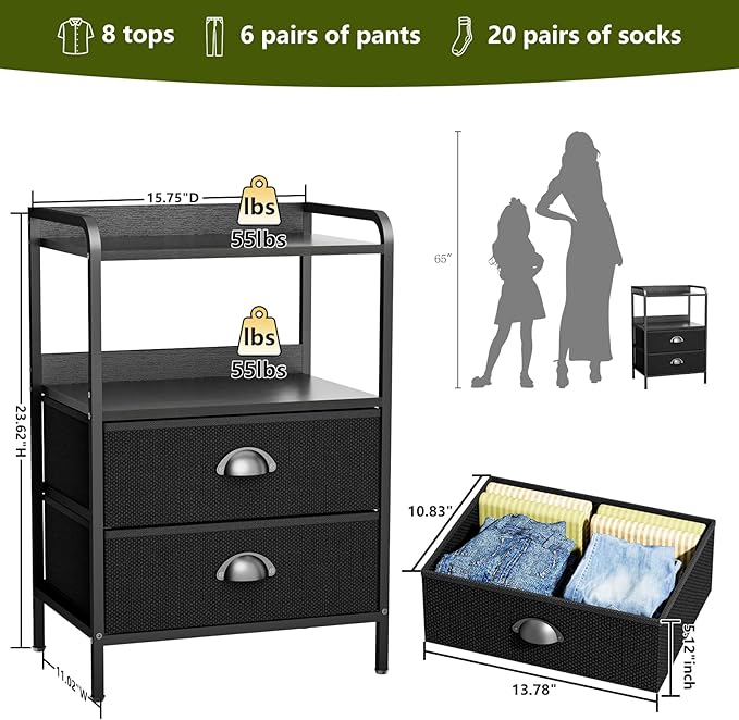 Night Stand with 2 Fabric Drawer and Sturdy Metal Frame, Lightweight & Durable -55LB Load Capacity, Wear-Resistant & Easy-Clean Surface,Rustic Black Modern