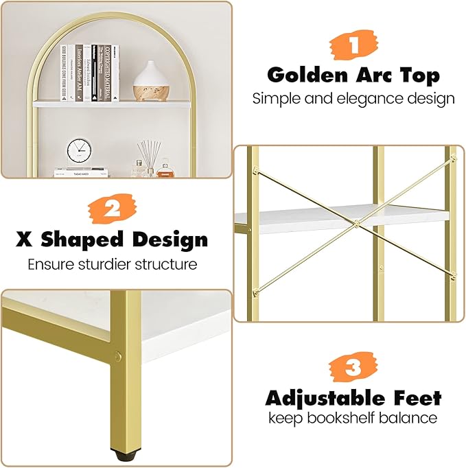 CABIHOME Bookshelf Tall Bookcase Arched Standing Bookshelves Modern Display Racks 5 Tier Storage Rack Shelf Large Wood Book Shelf for Bedroom, Living Room, Home Office