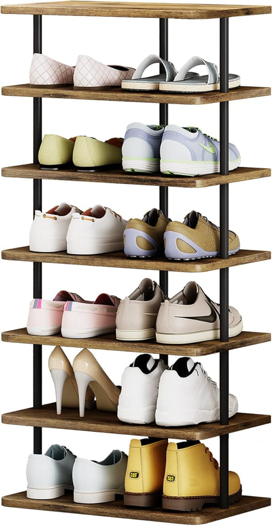 AZERPIAN Shoe Rack 7 Tier Vertical Storage Organizer Double Row Narrow Metal Slim Shelf Modern Free Standing Shoe Tower Saving Space for Closet Entryway Bedroom,Black+Rustic Brown