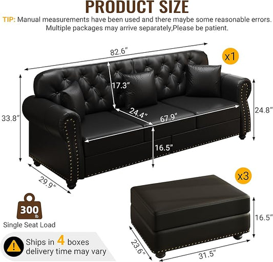 KEIKI 83" Faux Leather Chesterfield Sofa with Rolled Arms & Nailhead Trim & 3 Ottoman, 3-Seater Button Tufted Couch with High Resilience Cushion & 3 Pillow, Easy Assembly, for Living Room, Black