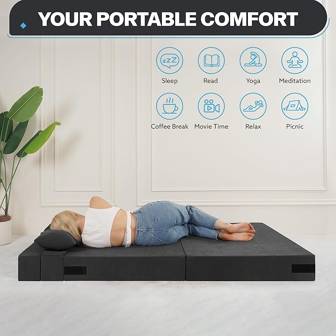 Fvkind Folding Sofa Bed, 4 in 1 Convertible Sleeper Sofa Bed Chair with Pillow, Twin Memory Foam Loveseat Futon Sleeper Chair, Foldable Futon Couch for Living Room, Bedroom, Guest Room, Dark Grey