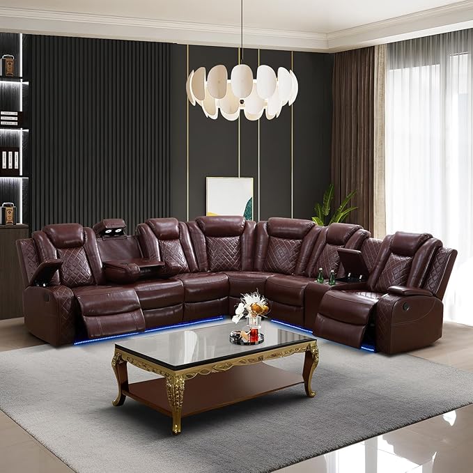 Power Reclining Sectional Sofa Set with LED Lights, Vegan Leather Recliner Sectional Couch for Living Room Furniture,Wireless Charging/USB Charging/Reading Lamp/Armrest Storage,Wine Red