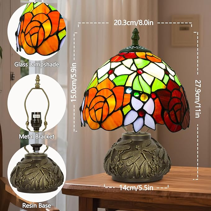 Small Tiffany Table Lamp,Stained Glass Lamp,8 Inch Mushroom Style Mini Vintage Desk Lights for Bedside, Bedroom,Nightstand,Living Room,3 Color Temperature (Tow Tone Rose)