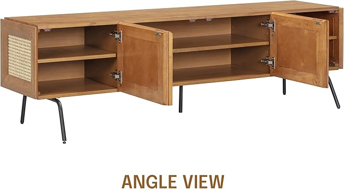 NTC Mossic TV Media Cabinet with 4 Doors for TVs, Entertainment Center with Natural Rattan, Metal Legs, Modern Storage Console for Living Room and Bedroom, Effortless Assembly, Teak Look