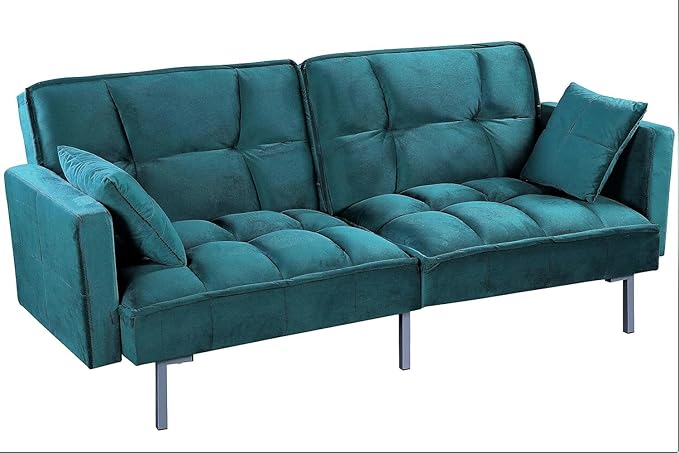 Container Furniture Direct Regal 75.6" Velvet Convertible Sofa Bed - Mid-Century Sleeper Couch w/Tufted Design & Metal Legs - Pull-Out Futon for Guests/Home (75.6" W x 34.6" D x 32" H), Blue
