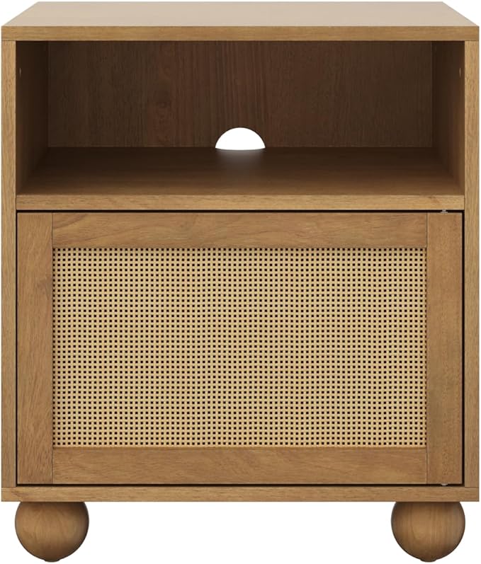 Nathan James Franco Faux Rattan Side Table Nightstand with Storage, Rustic Bedside Table with Solid Wood Legs, Light Brown