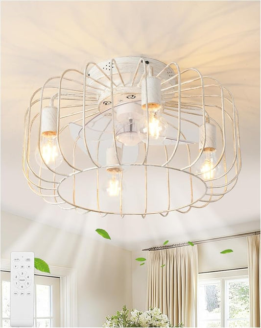 18inch White Gold Caged Ceiling Fan Light,Flush Mount Chandelier Industrial Ceiling Fan,Farmhouse Fan Lights Ceiling Fixtures for Kitchen,Bedroom,Outdoor(6 Speed,Timing with Remote)