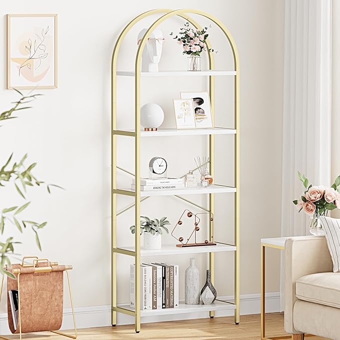 GAOMON Arched Bookshelf 5 Tier Bookcase 70.87in Tall Display Racks Modern Standing Bookshelves Metal Book Shelf for Bedroom, Living Room, Home Office