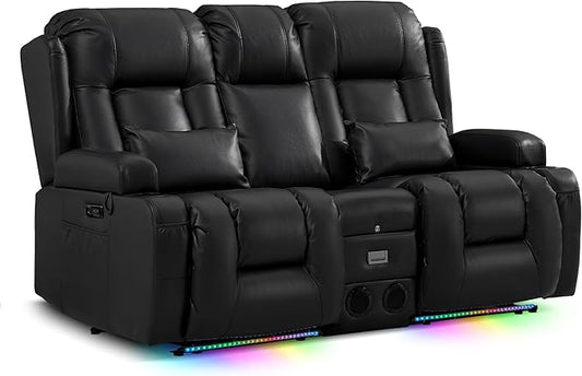 TUNYI Wall Hugger Loveseat Recliner Sofa with Console, Power Reclining Loveseat RV Couch with Massage & Heat/USB/Outlet/Storage/LED Light/Speaker (Black)