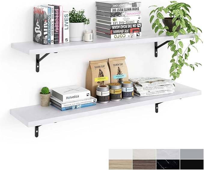 Kaboon 45 inch Long 10 inch Deep Floating Shelves for Wall Set of 2, Large Open Shelves Wall Mounted, Space Saving Home and Commercial Use, White Rock