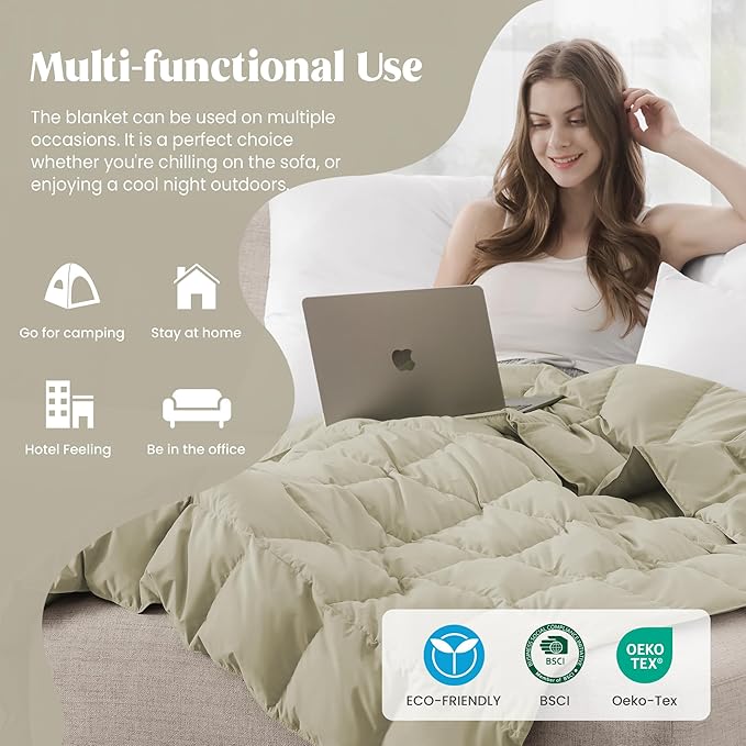 puredown® Soft Feather Down Blanket Lightweight Packable Down & Feather Fill Blanket for Indoor and Outdoor Use, Queen Size Blankets, 88"X90", Beige